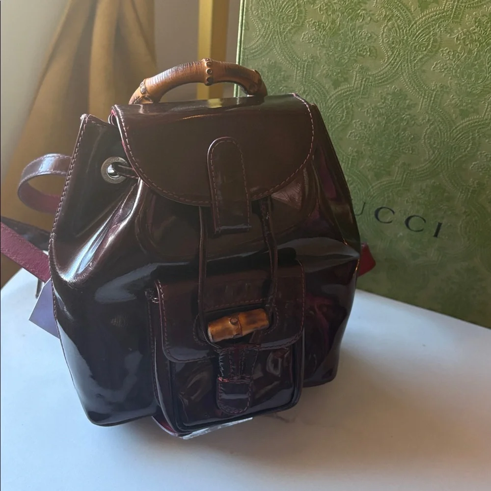 Gucci Burgundy Patent Leather Bamboo Top Handle Backpack